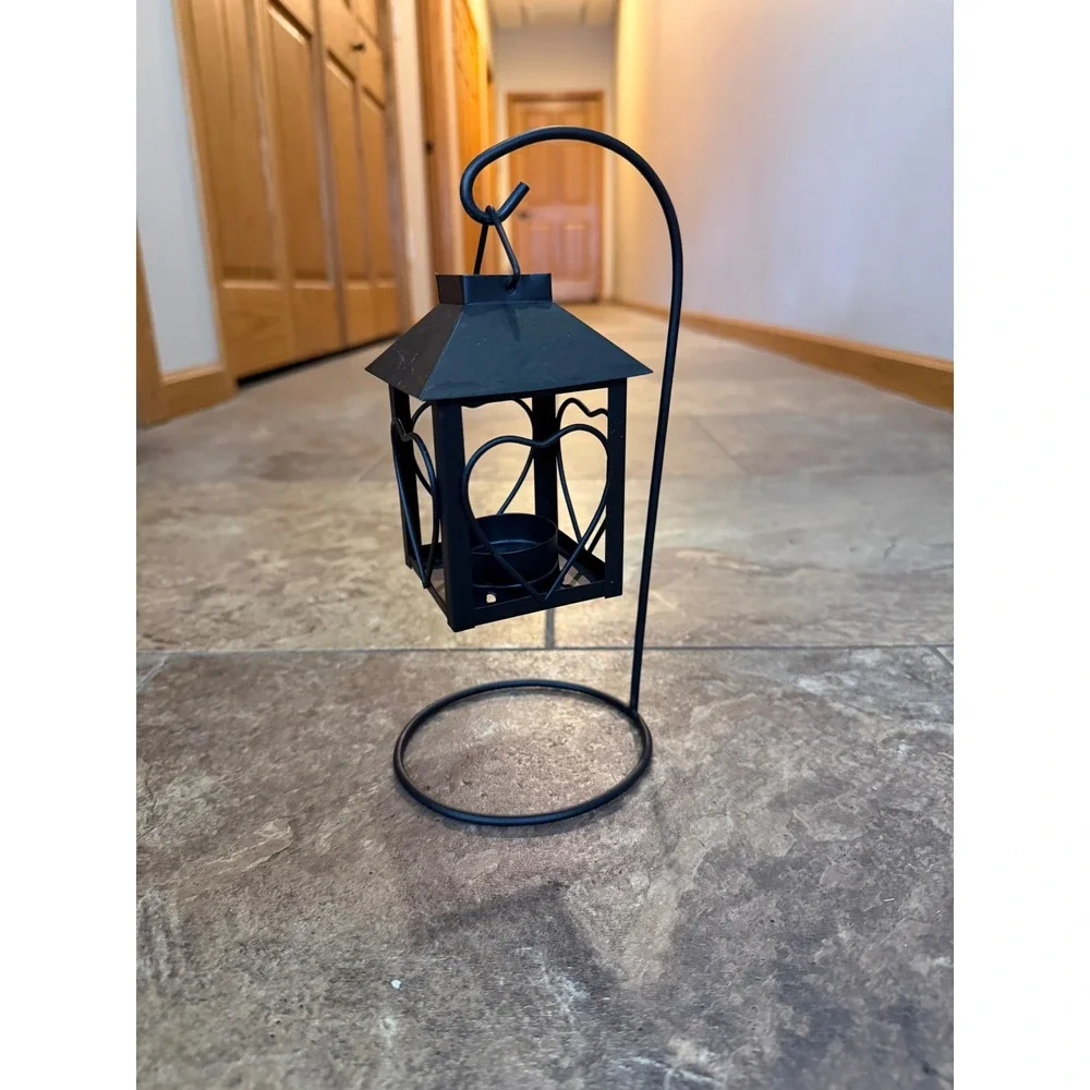 Black Metal Heart Tea Light Lantern with Hanging Stand Decorative Candle Holder